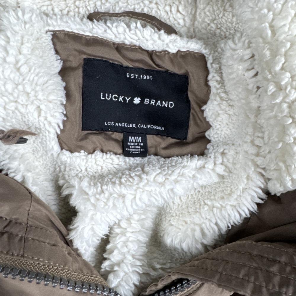 Lucky Brand Womens Quilted Puffer Jacket Brown Medium Sherpa Lined Hooded Zip Up - Picture 4 of 12